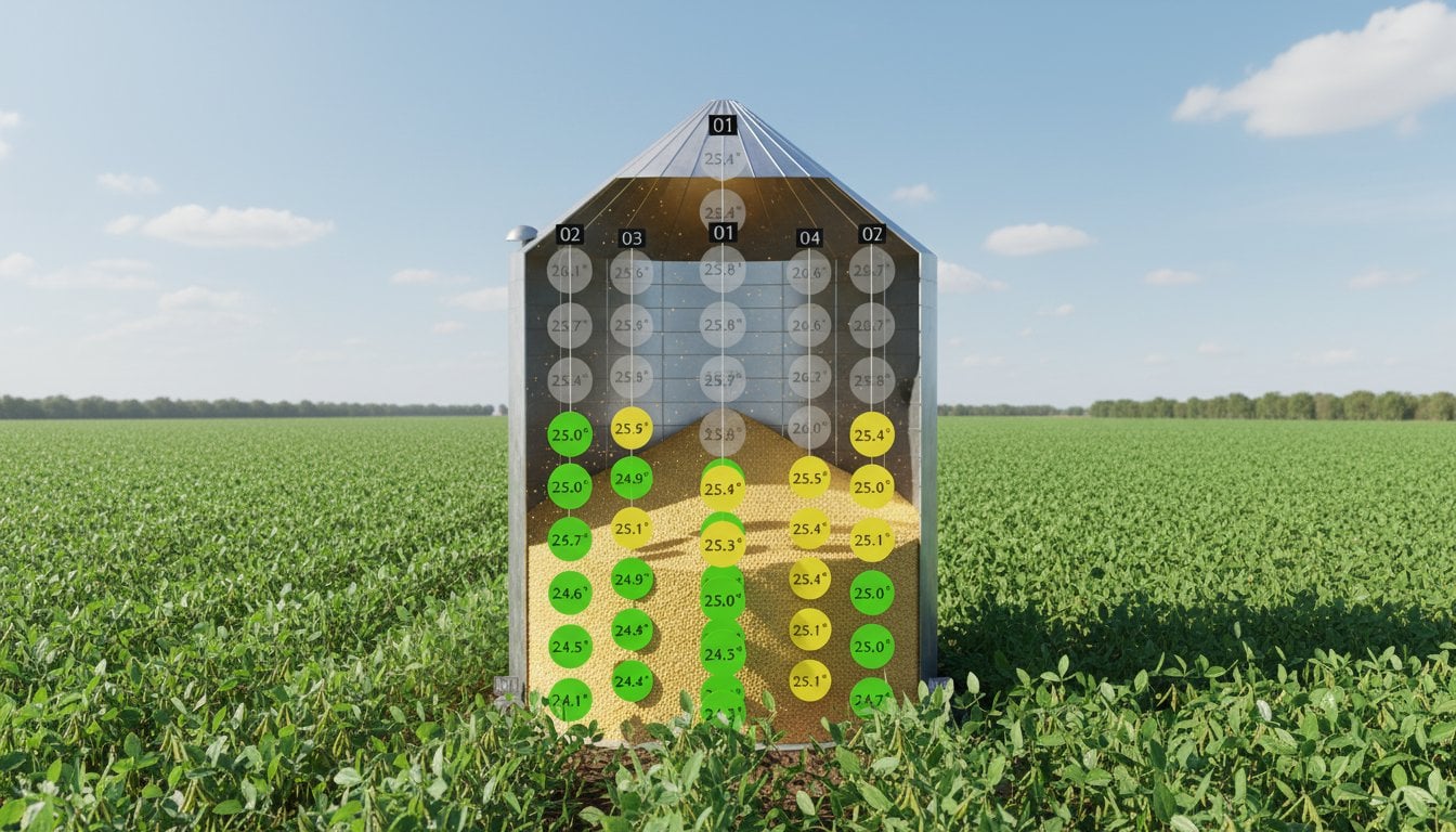 Silo com visualização em 3D dos pontos de temperatura dos pêndulos APC Mag-GT
